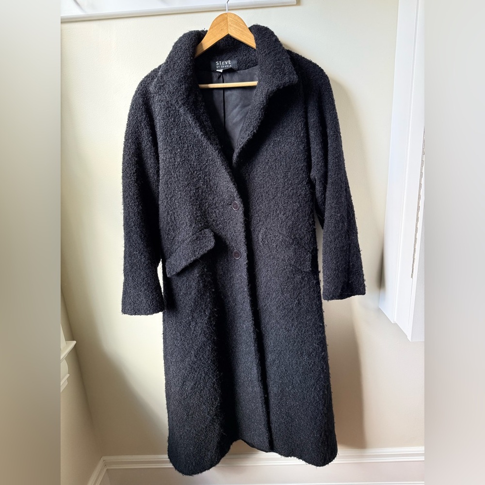 STEVE BY SEARLE Boucle Long Coat Trench Cozy Black Neutral Warm Classic Shaggy 6